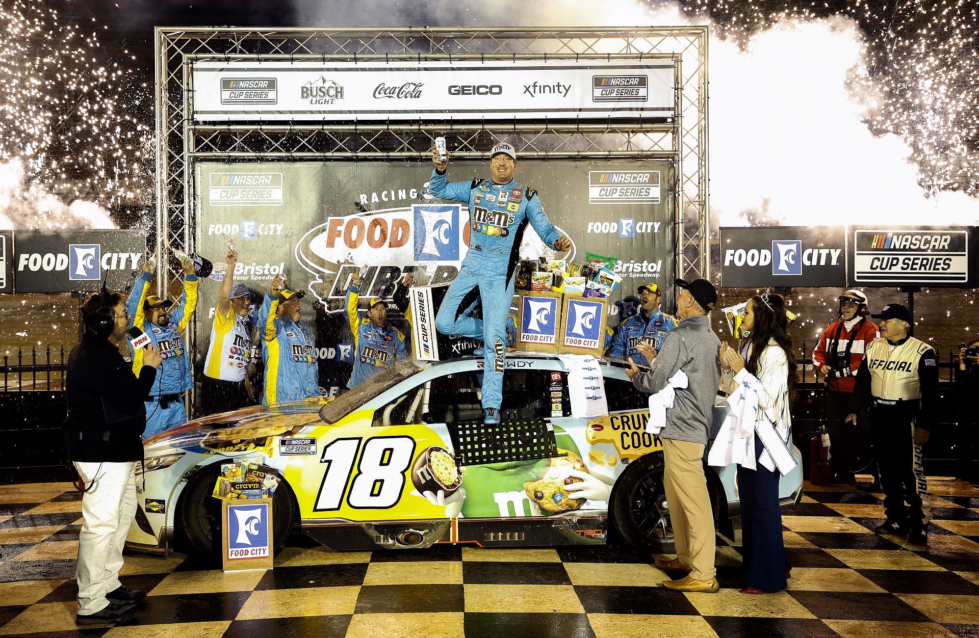 Kyle Busch after winning the NASCAR Cup Series Food City Dirt Race at Bristol Motor Speedway