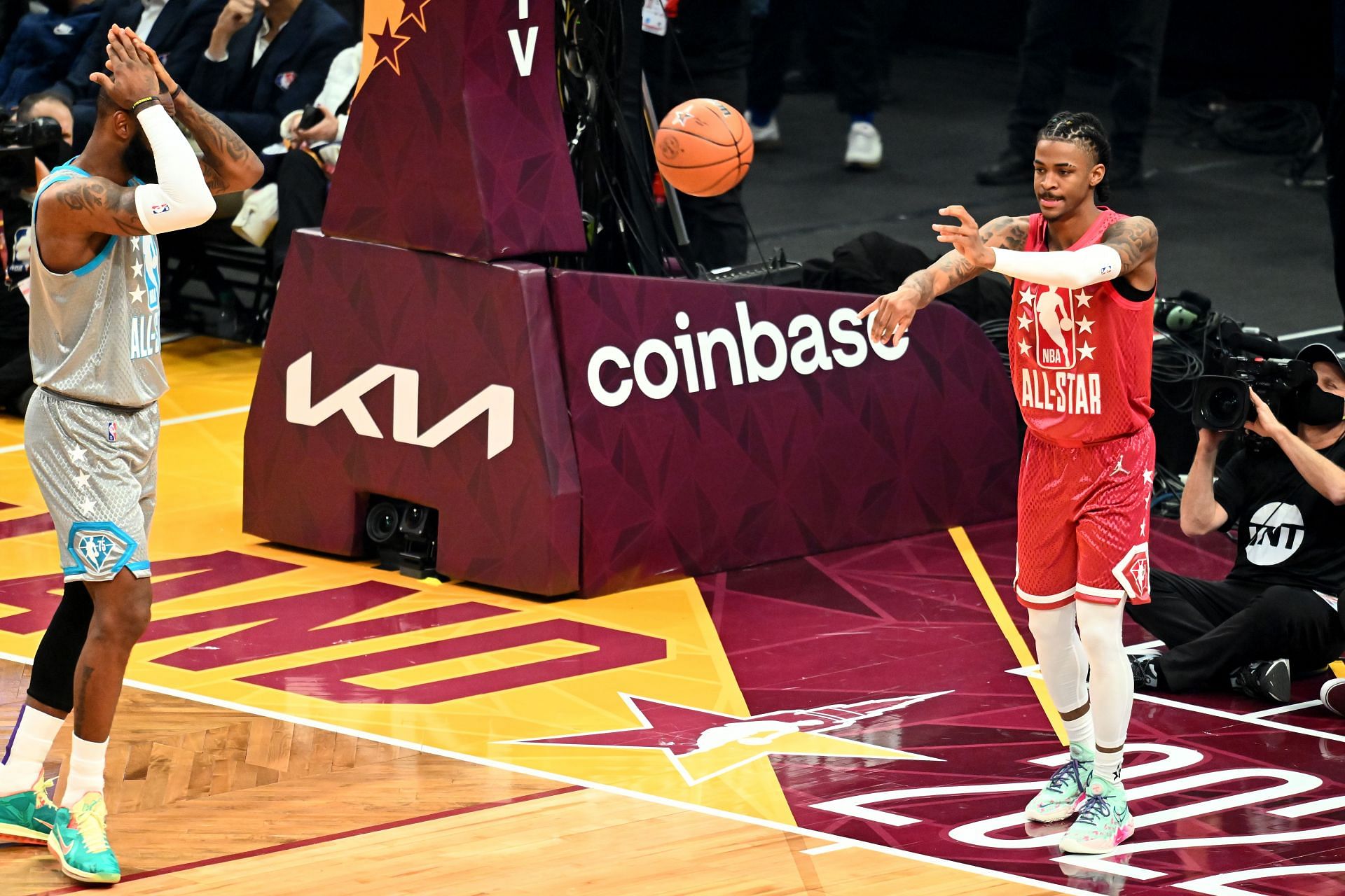 Ja Morant #12 of Team Durant passes the ball in the first half during the 2022 NBA All-Star Game at Rocket Mortgage Fieldhouse on February 20, 2022 in Cleveland, Ohio