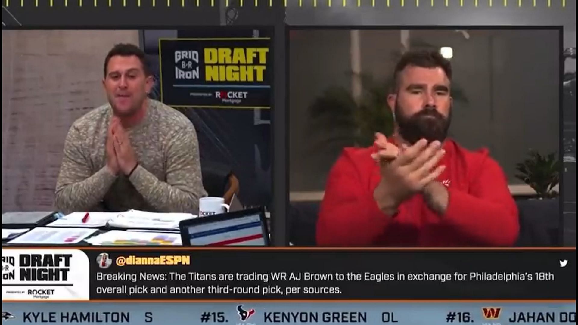 Kelce reacting to the news of Brown signing with the Eagles