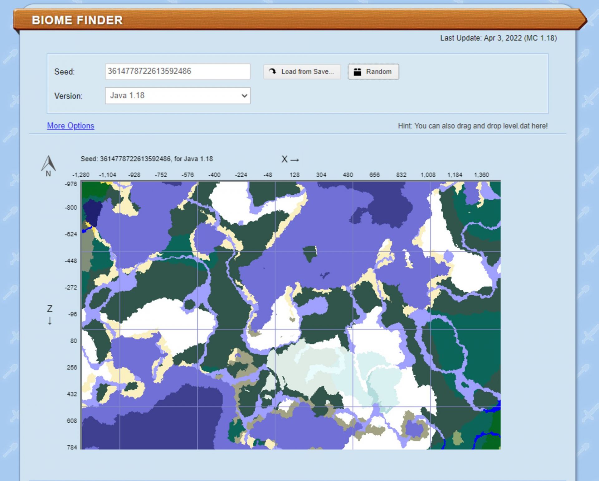 Chunkbase's map detailing a seed's snowy and taiga-filled spawn point (Image via Chunkbase)