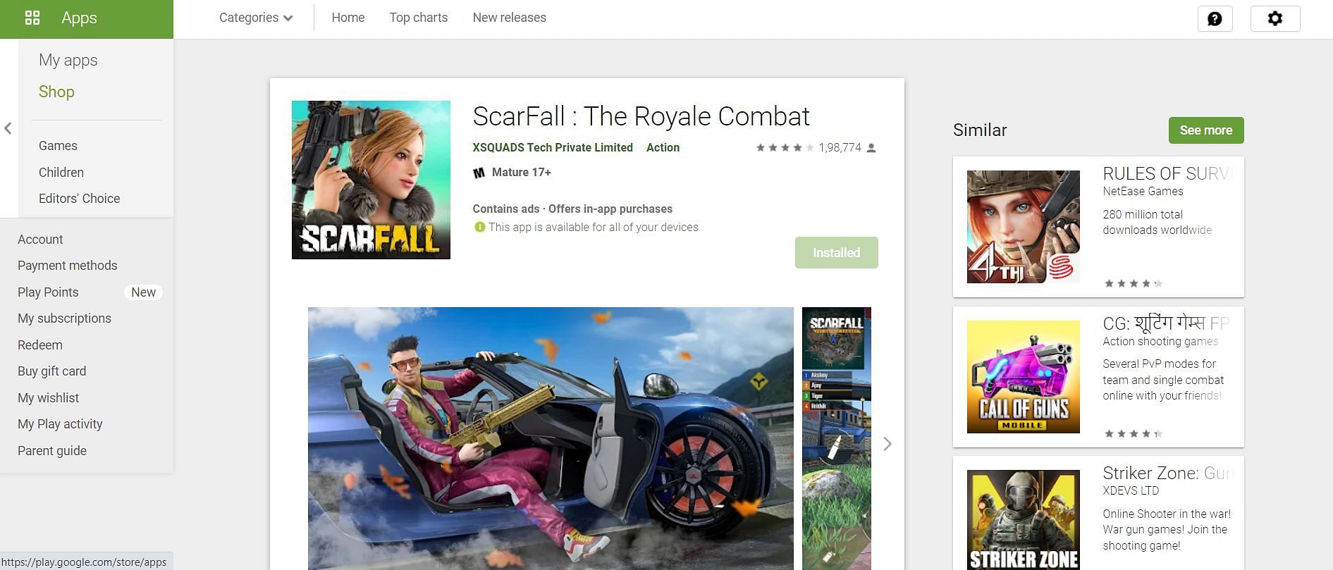 "ScarFall: The Royale Combat"  یکی از بازی‌هایی است که می‌تواند برای نوع Lite BGMI در بخش پایین‌رده رقابت ایجاد کند (تصویر از طریق فروشگاه Google Play)
