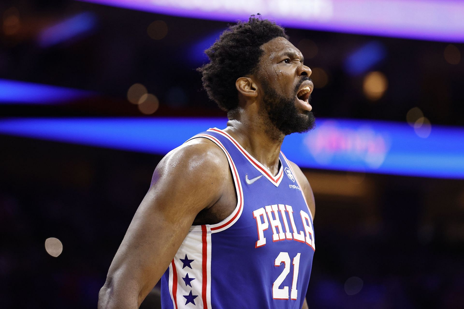 Joel Embiid No. 21 of the Philadelphia 76ers reacts after scoring during the second quarter against the Toronto Raptors.