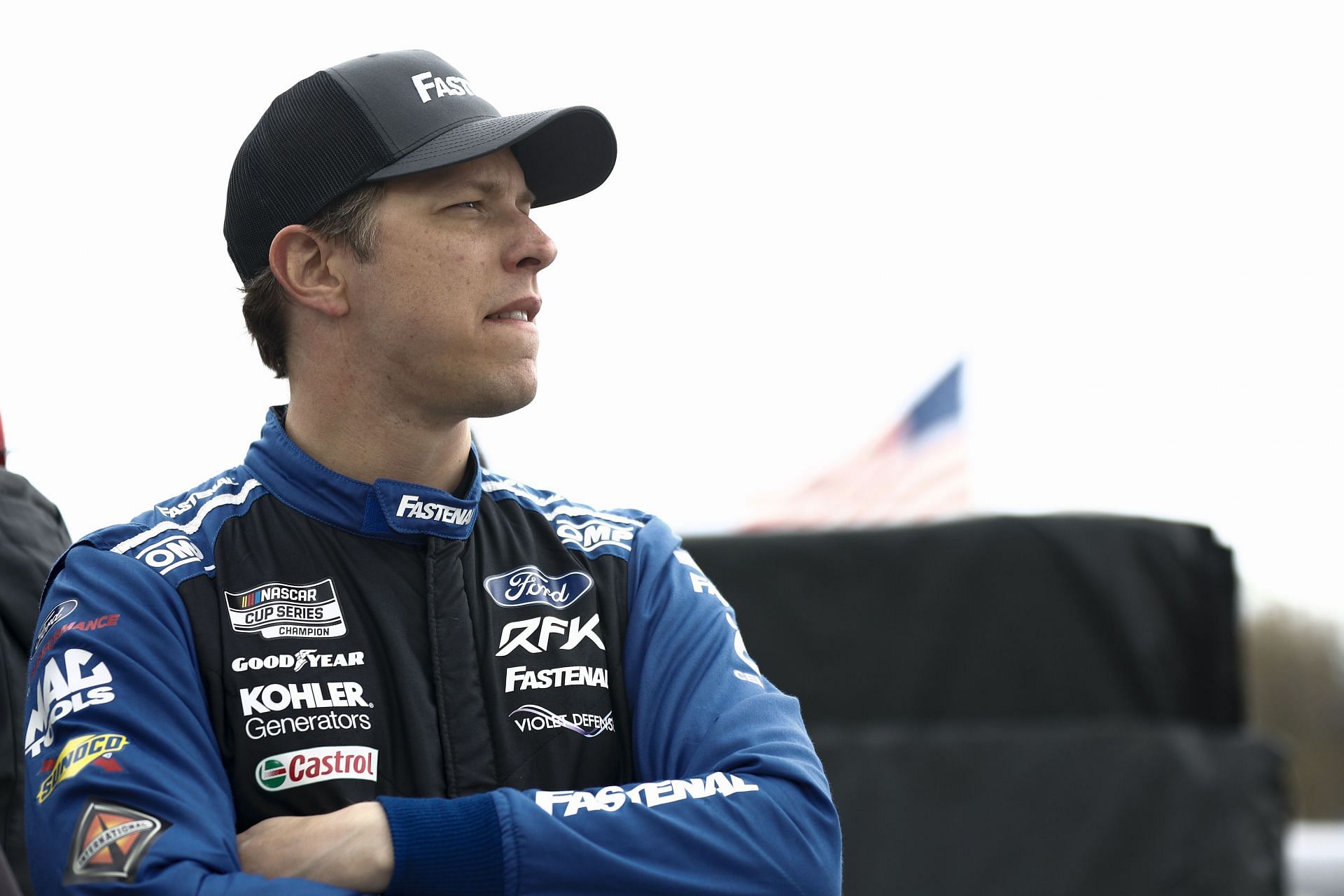 Brad Keselowski during qualifying for the 2022 NASCAR Cup Series Blue-Emu Maximum Pain Relief 400 at Martinsville Speedway in Virginia. (Photo by Jared C. Tilton/Getty Images)