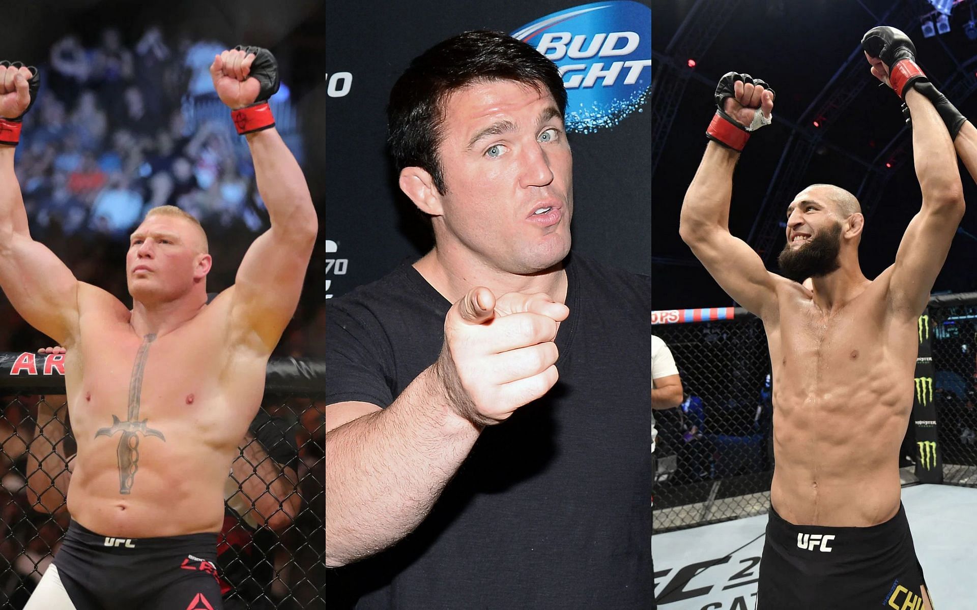 Brock Lesnar (Left), Chael Sonnen (Middle), and Khamzat Chimaev (Right) (Images courtesy of Getty)