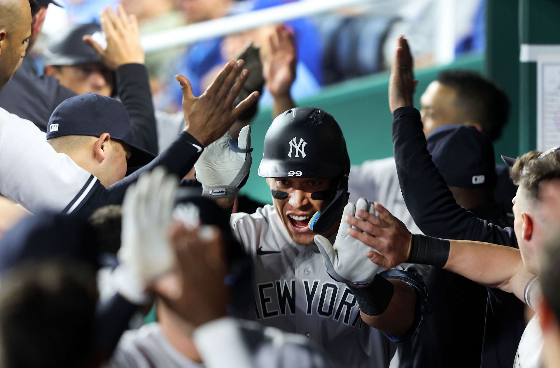 Yankees celebrate an Aaron Judge home run during last nights New York Yankees v Kansas City Royals game.