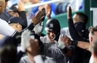 Yankees celebrate an Aaron Judge home run during last nights New York Yankees v Kansas City Royals game.