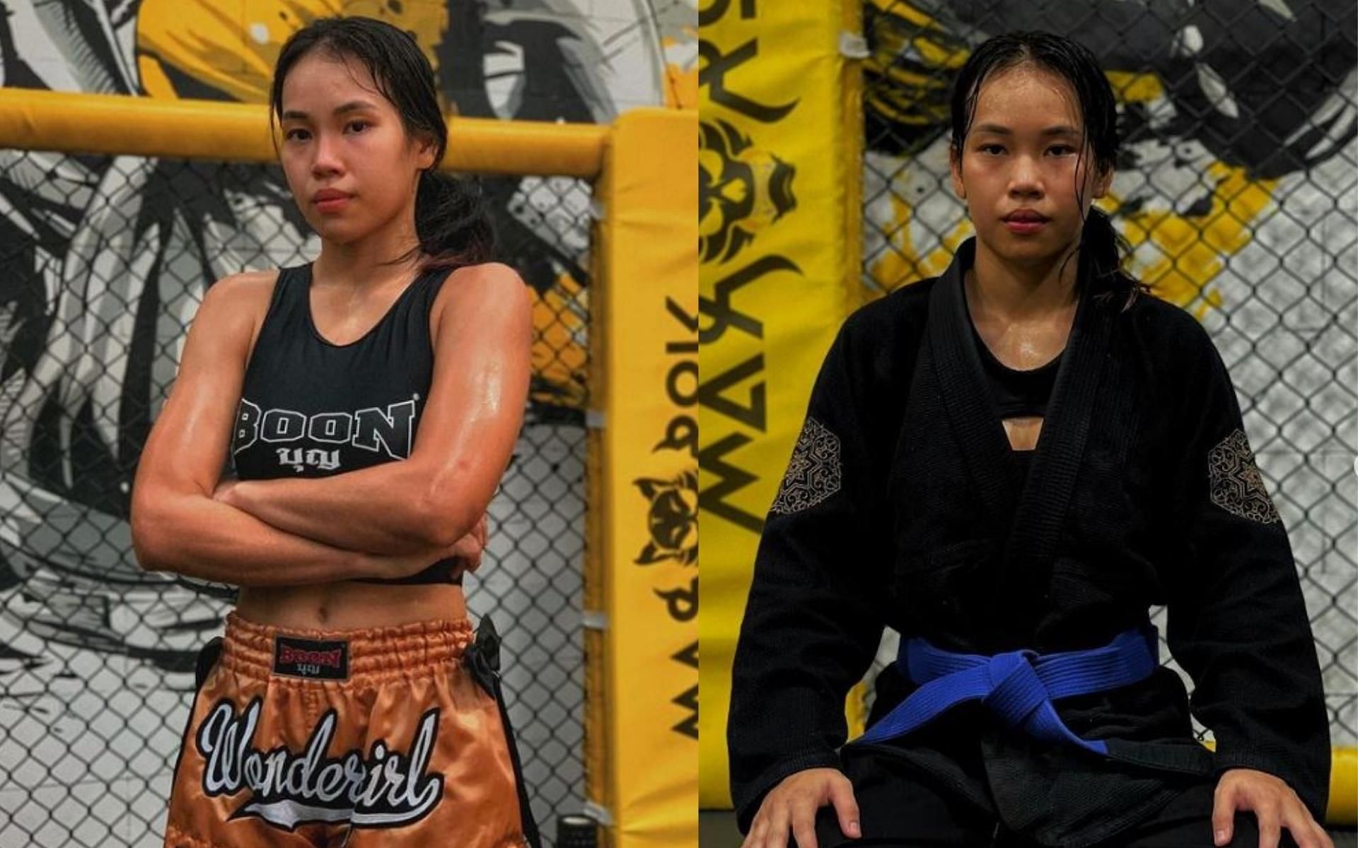 ONE Championship Muay Thai star Wondergirl Jaroonsak will have a bluebelt in Jiu-jitsu ahead of her MMA debut at ONE 157. (Images courtesy: @natwondergirl on Instagram)