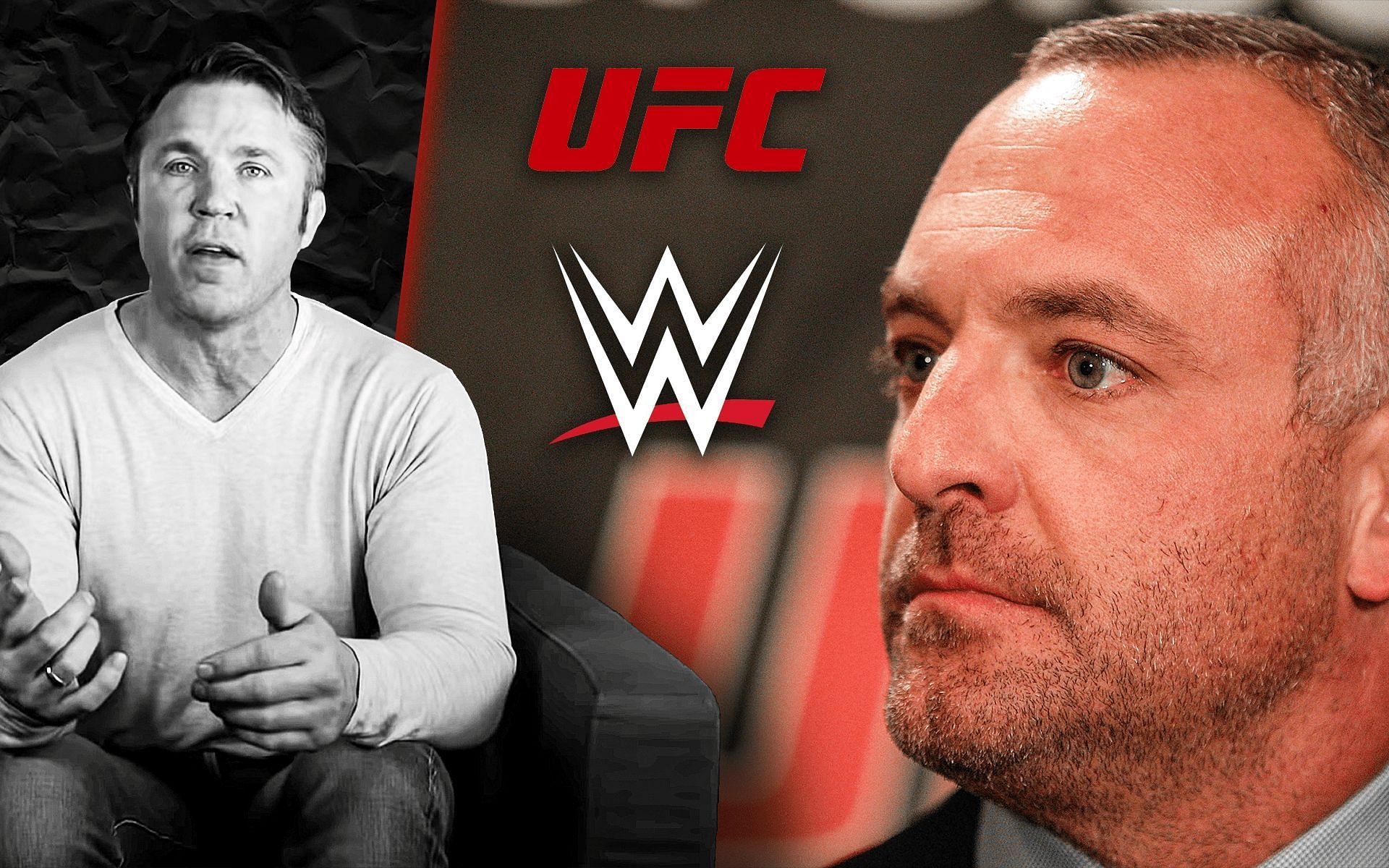 Chael Sonnen (left, image via Chael Sonnen on YouTube), UFC and WWE logos (center, images via @ufc and @wwe on Instagram), Lorenzo Fertitta (right, image via Getty)