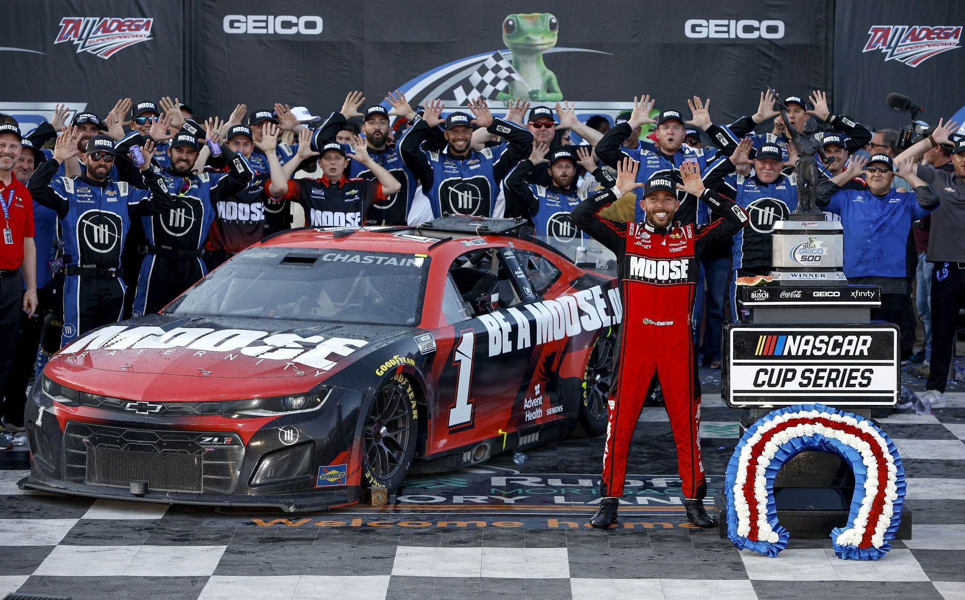 Ross Chastain celebrate in victory lane after winning the NASCAR Cup Series GEICO 500 at Talladega Superspeedway. (Photo by Sean Gardner/Getty Images)