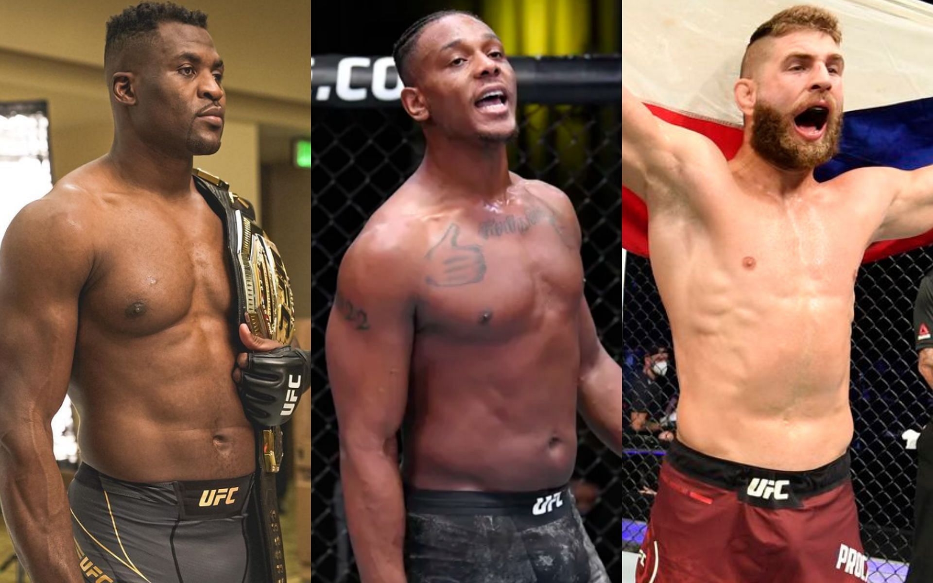 Francis Ngannou (left. Image credit: @francisngannou on Instagram), Jamahal Hill (middle. Image credit: Chris Unger/Zuffa LLC), Jiri Prochazka (right. Image credit: UFC.com)