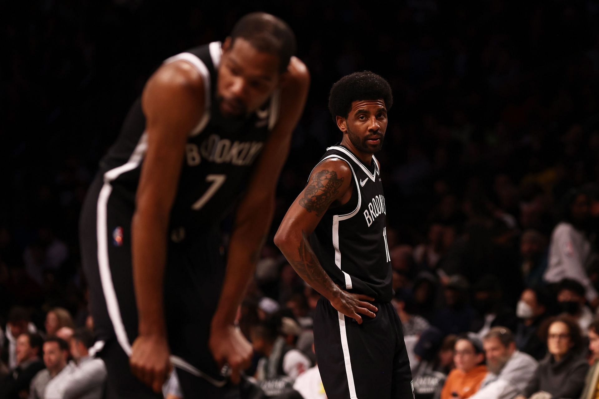 Kevin Durant and Kyrie Irving in action during the Charlotte Hornets v Brooklyn Nets game
