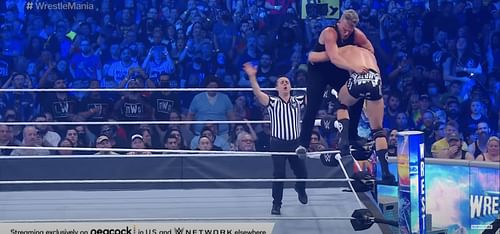 Pat McAfee vs. Austin Theory at WrestleMania 38. Source WWE