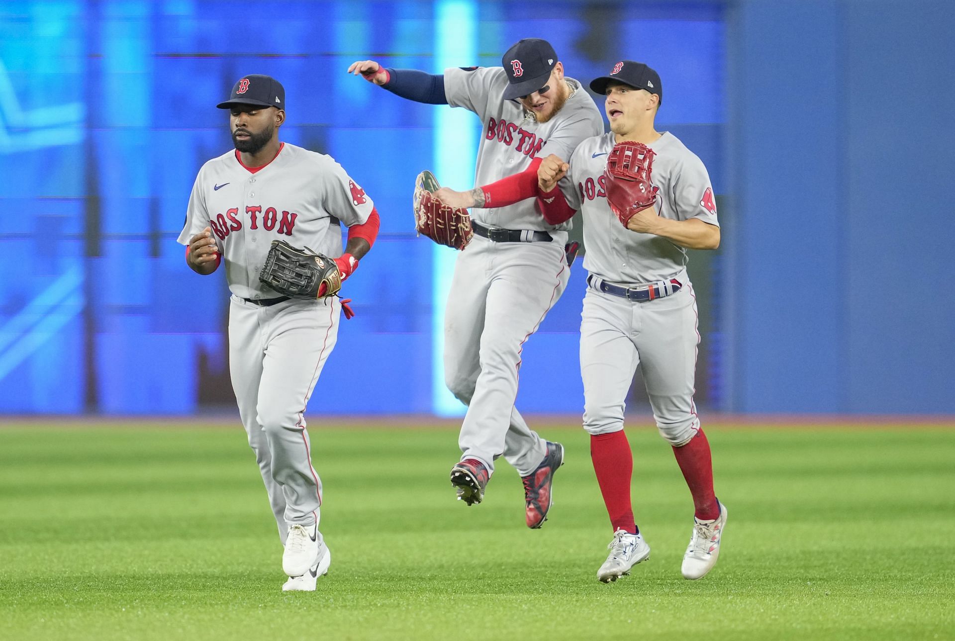 Boston Red Sox players celebrate after last night&#039;s win over the Toronto Blue Jays. 