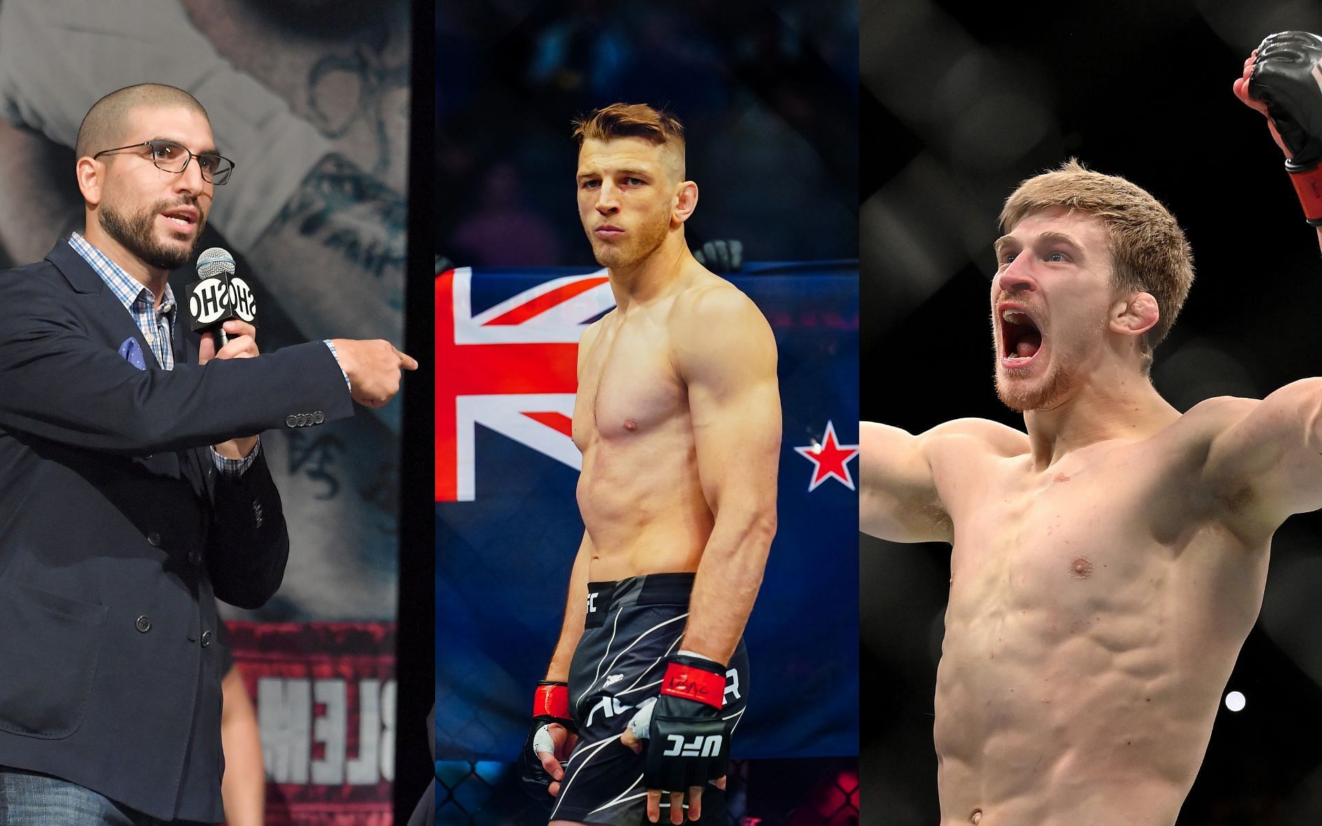 Ariel Helwani (left), Dan Hooker (centre), Arnold Allen (right)