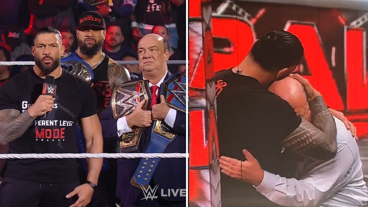 The Bloodline; Reigns consoling Paul Heyman during the dark match