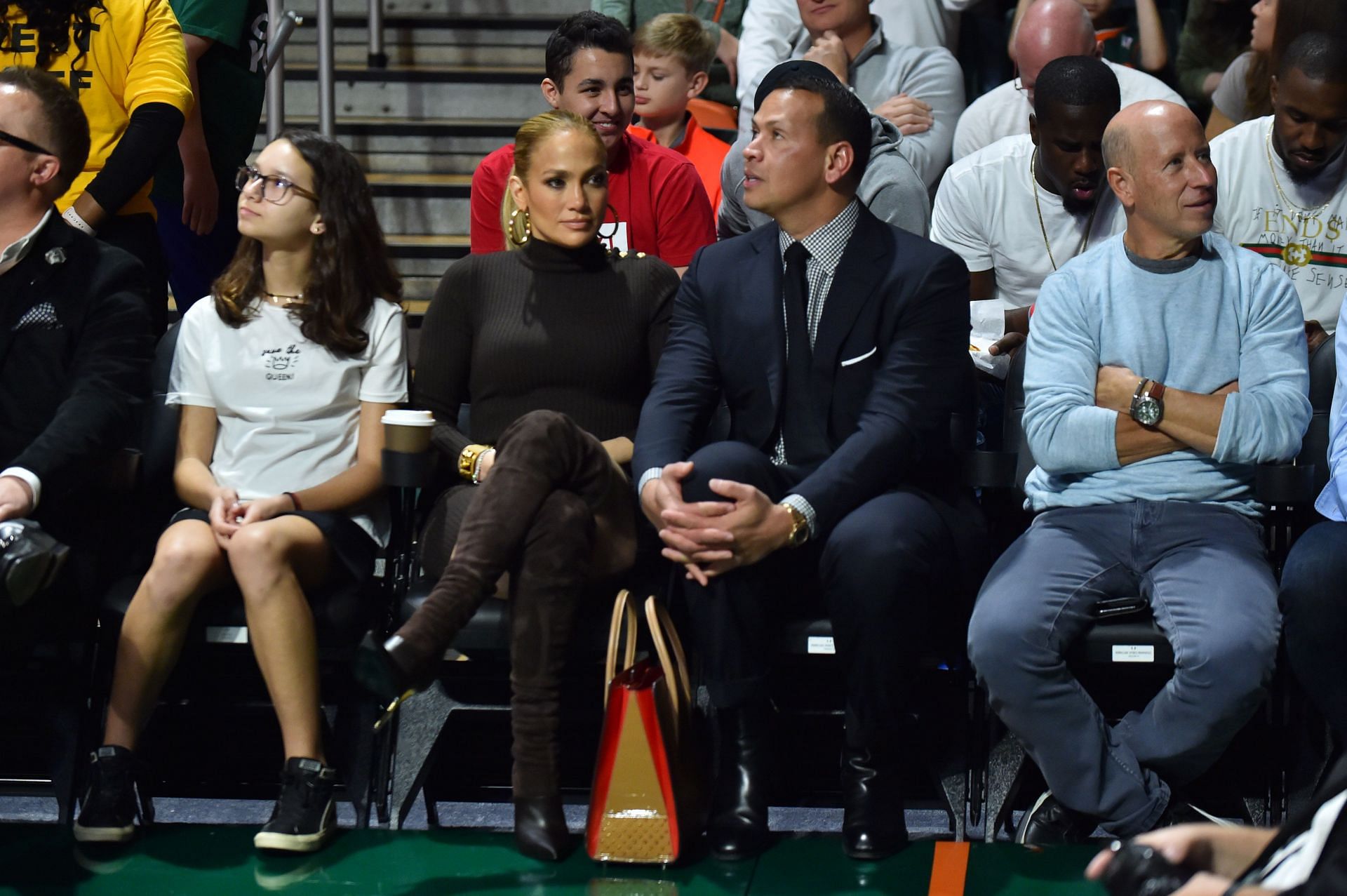 Jennifer Lopez and Alex Rodriguez watching a Duke v Miami college basketball game