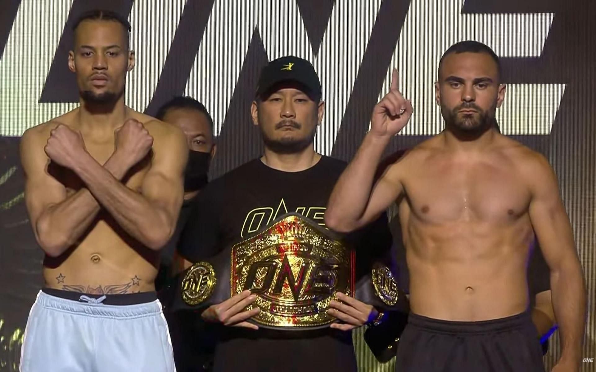 ONE lightweight kickboxing champion Regian Eersel (left) will defend his belt against Arian Sadikovic (right). (Image courtesy of ONE Championship&#039;s YoutTube channel)