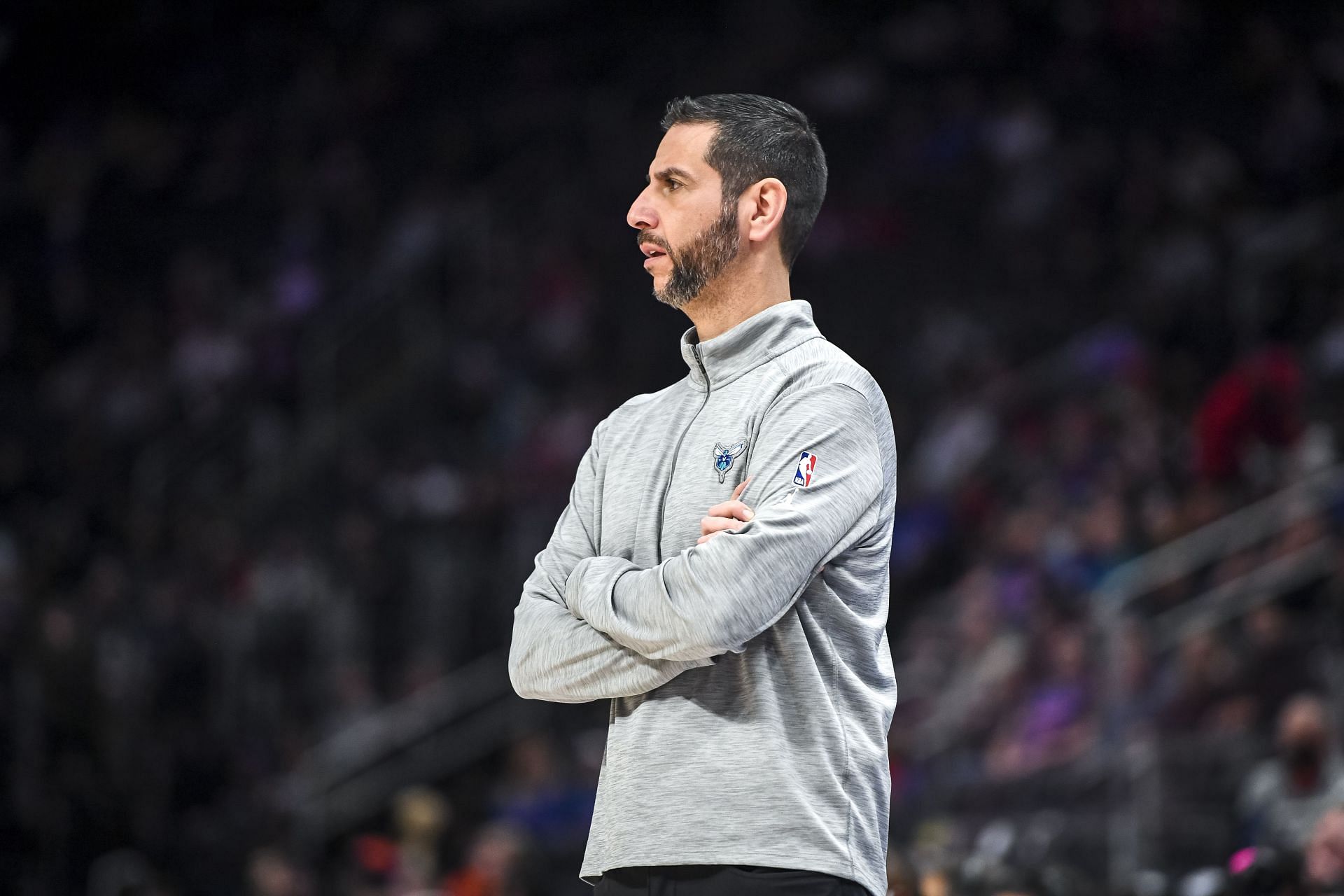 James Borrego of the Charlotte Hornets looks on during a game against the Detroit Pistons on Feb. 11 in Detroit, Michigan.