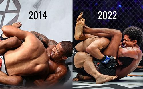 Adriano Moraes executed the same guillotine choke from both sides in 2014 and 2022. (Images courtesy of ONE Championship)