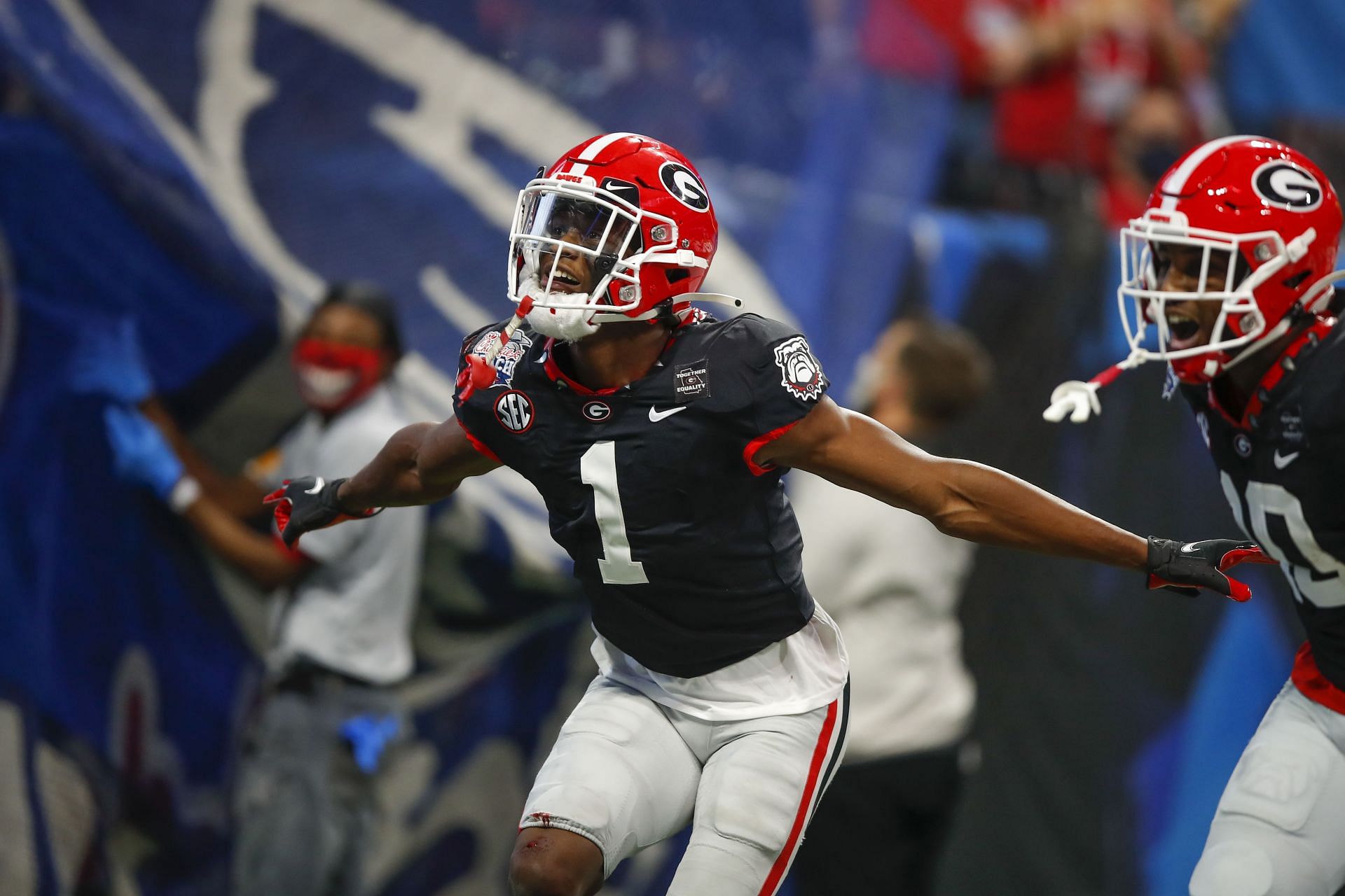 George Pickens #1 of the Georgia Bulldogs reacts after a touchdown during the first half of the Chick-fil-A Peach Bowl against the Cincinnati Bearcats at Mercedes-Benz Stadium on January 1, 2021 in Atlanta, Georgia.