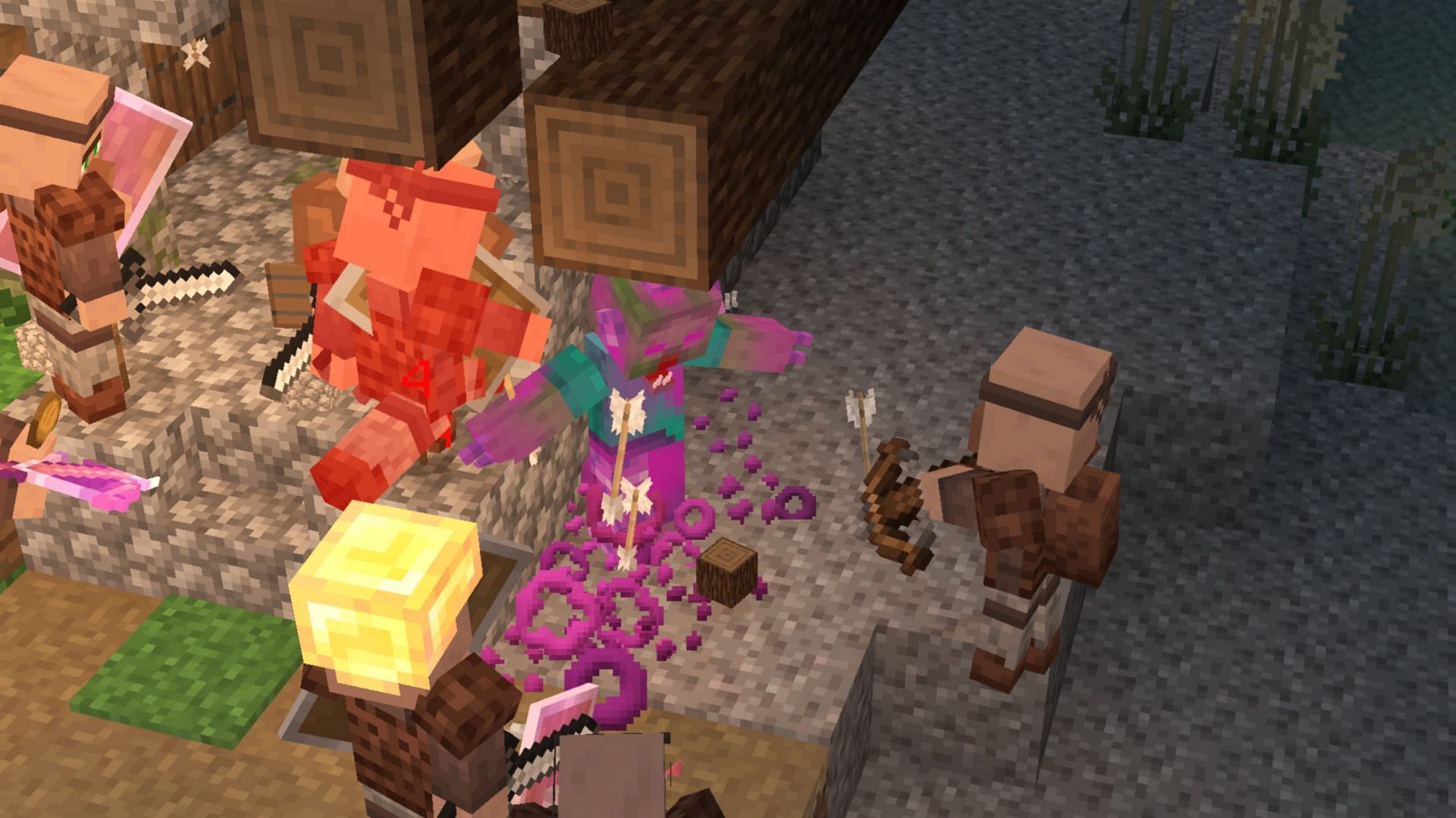 Villagers defending their home from an attacking zombie in Mineshafts &amp; Monsters (Image via Bstylia14/CurseForge)