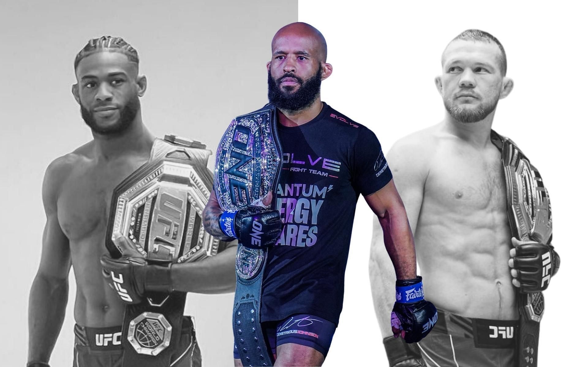Demetrious Johnson (center) thinks he can handle UFC champions Aljamain Sterling (left) and Petr Yan (right) at 135 pounds. (Images courtesy: The UFC, ONE Championship)