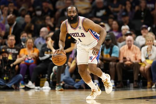 Philadelphia 76ers vs. Phoenix Suns; James Harden handles the ball