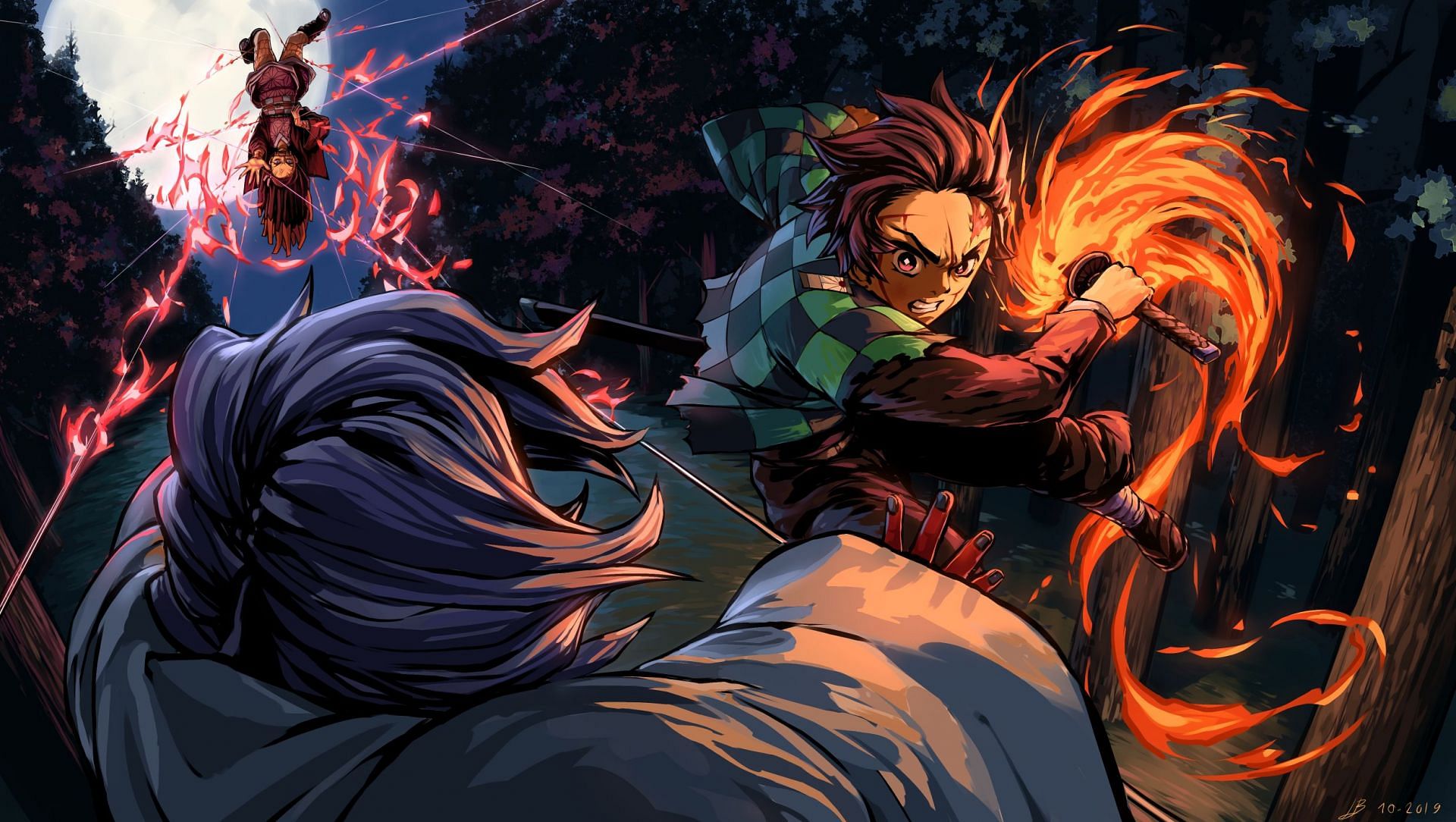 Fanart of Tanjiro and Nezuko fighting Rui in the &#039;Demon Slayer&#039; anime (Image via Fliplb/DeviantArt)