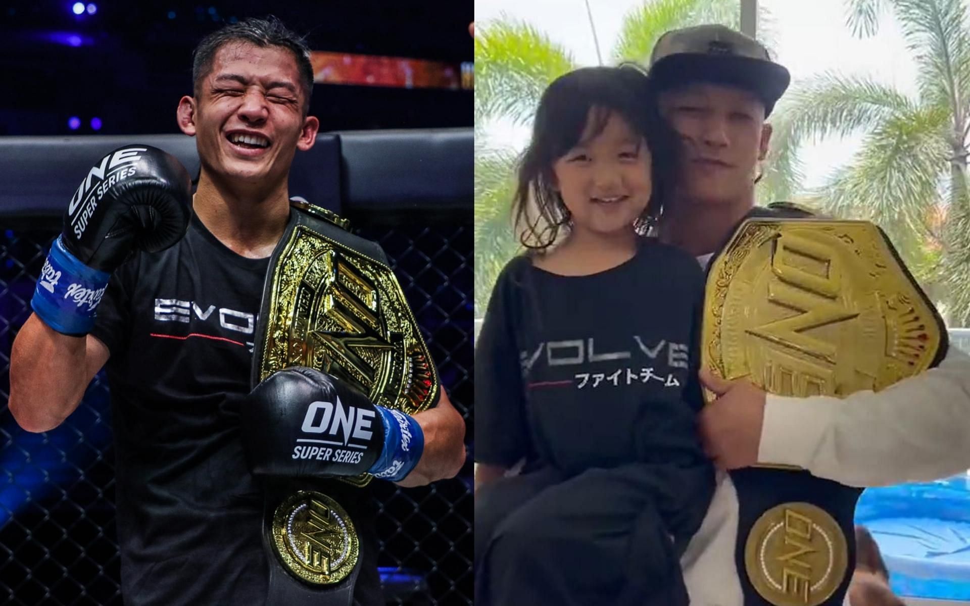 Newly crowned ONE bantamweight kickboxing champ Hiroki Akimoto celebrates his ONE X win with his family. (Images courtesy: ONE Championship, ONE Championship&#039;s Twitter page)