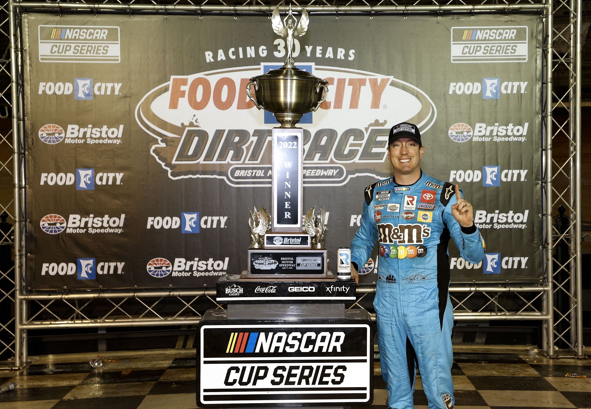 Kyle Busch celebrates in victory lane after winning the NASCAR Cup Series Food City Dirt Race at Bristol Motor Speedway. (Photo by Chris Graythen/Getty Images)