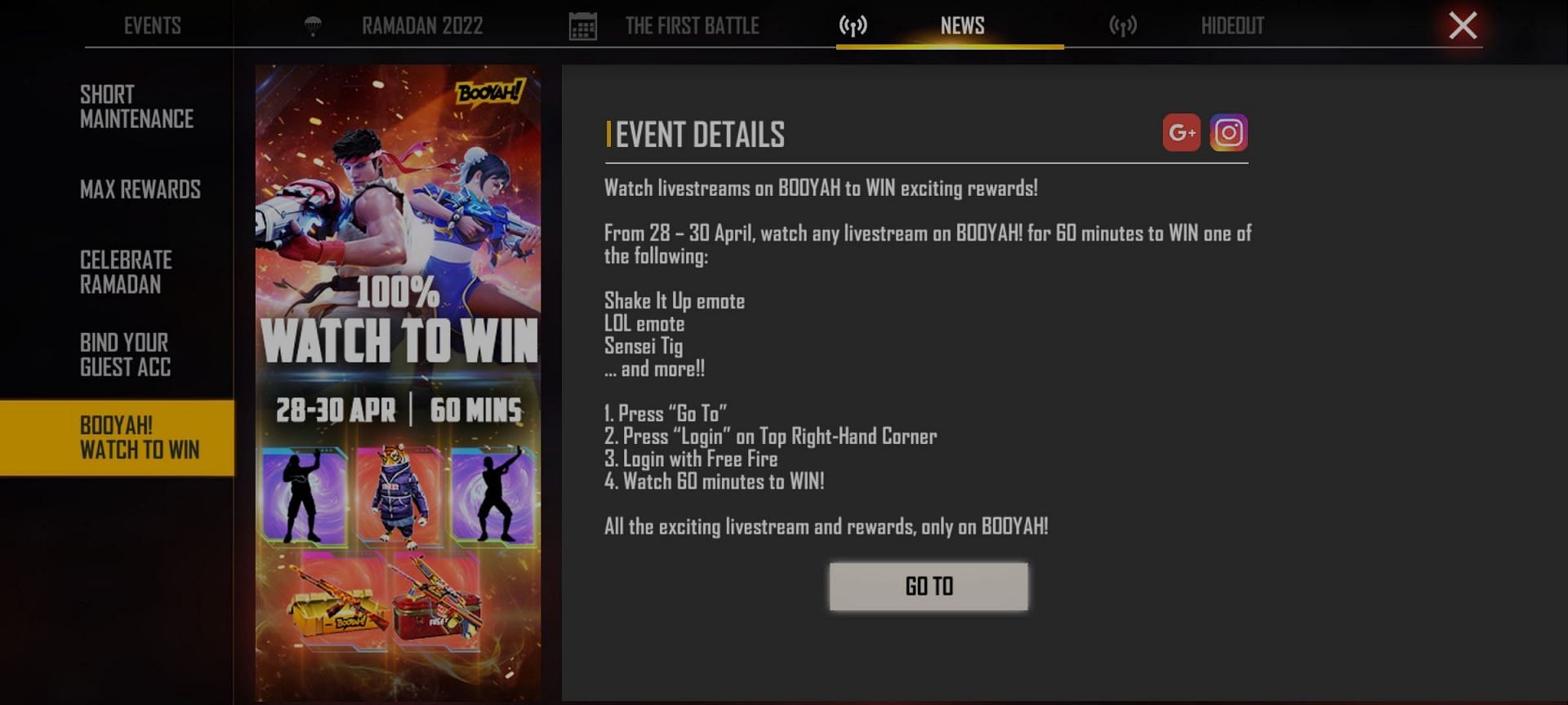Prizes offered by the latest Watch to Win event in Free Fire MAX (Image via Garena)