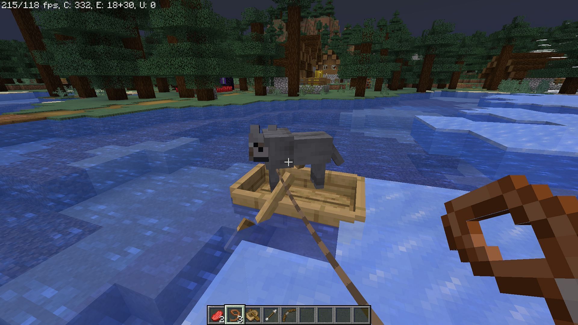 Wolf comes out of the boat after being leashed (Image via Minecraft)