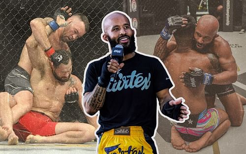 Demetrious Johnson (C) prefers the respect shared by fighters in ONE Championship (R) over feuds that spill out of the cage like Jorge Masvidal and Colby Covington (L). | [Photos: Getty/ONE Championship]