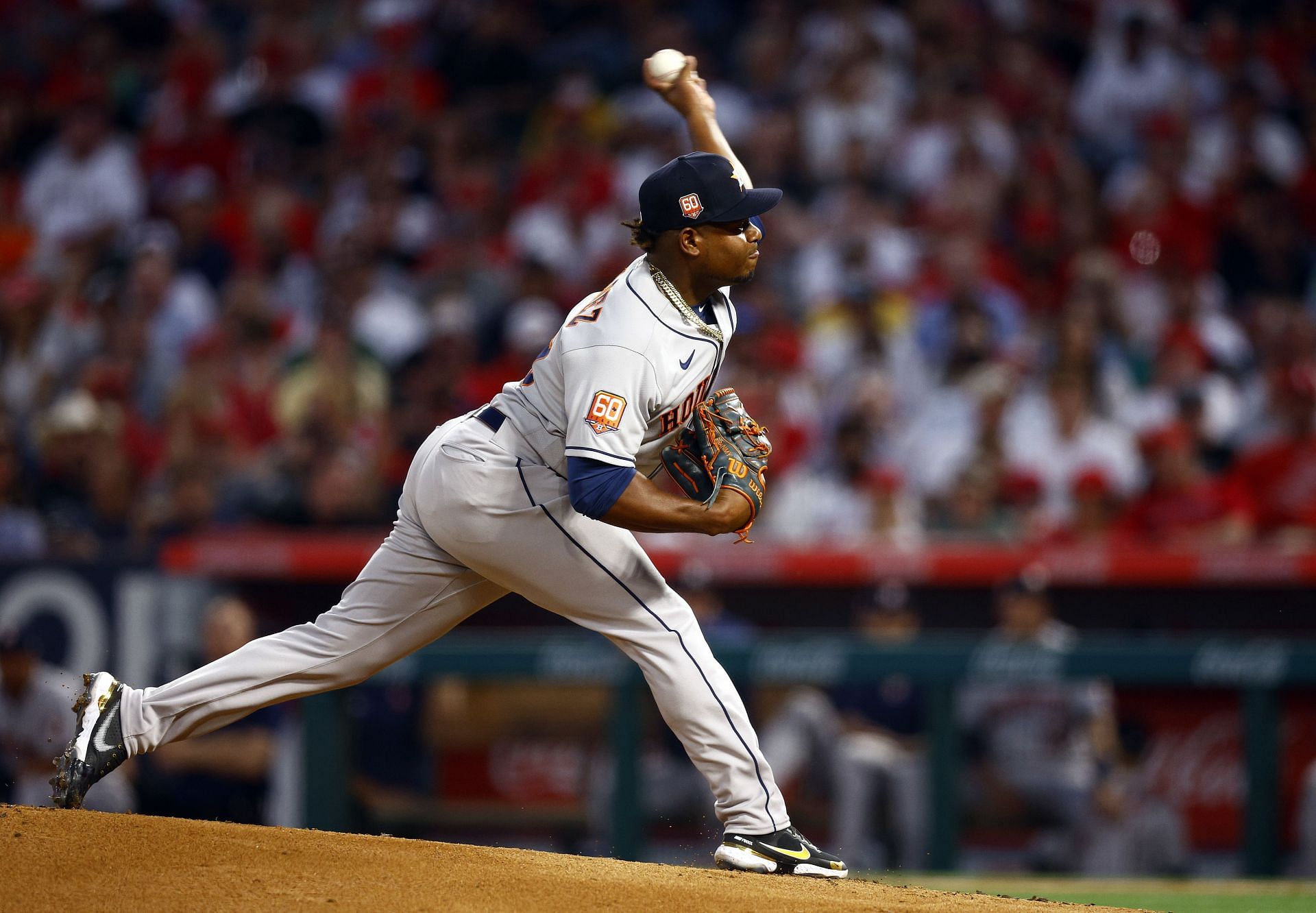 Framber Valdez pitching during the Opening Night of the Astros v Los Angeles Angels game.