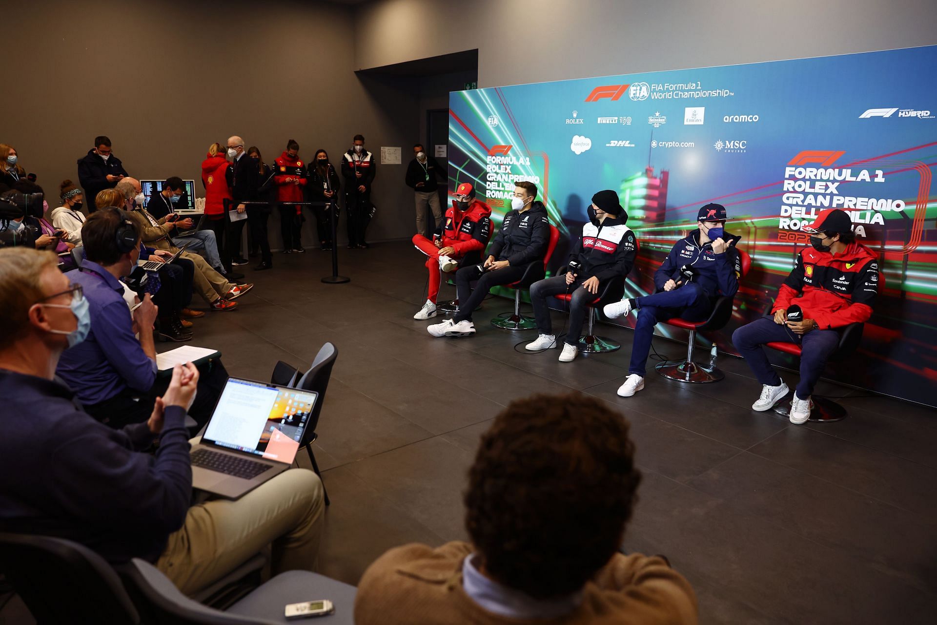 (L to R) Charles Leclerc, George Russell, Valtteri Bottas, Max Verstappen, and Carlos Sainz attend the Drivers&#039; Press Conference before practice ahead of the F1 Grand Prix of Emilia Romagna (Photo by Lars Baron/Getty Images)