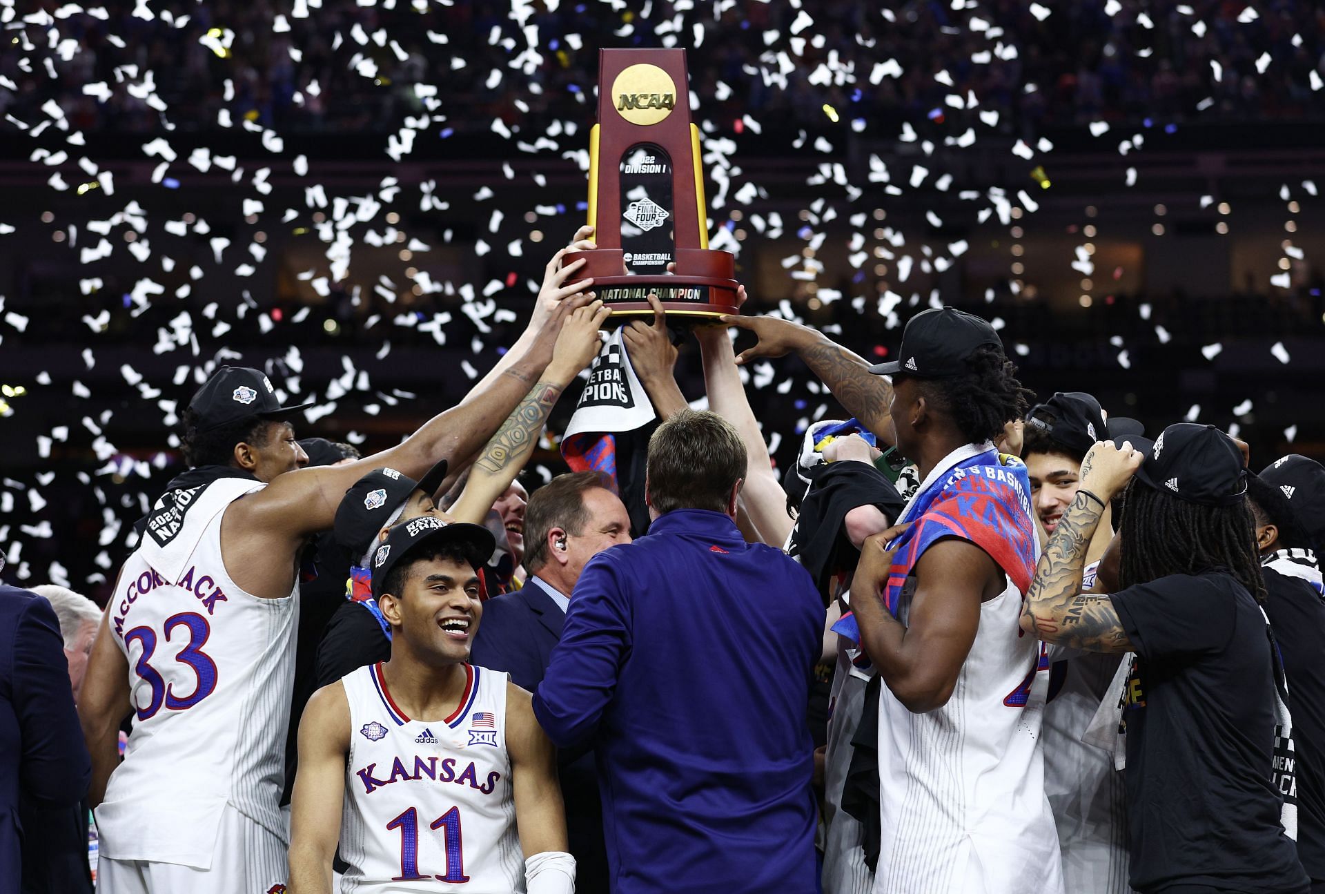 The Kansas Jayhawks after their March Madness victory over North Carolina