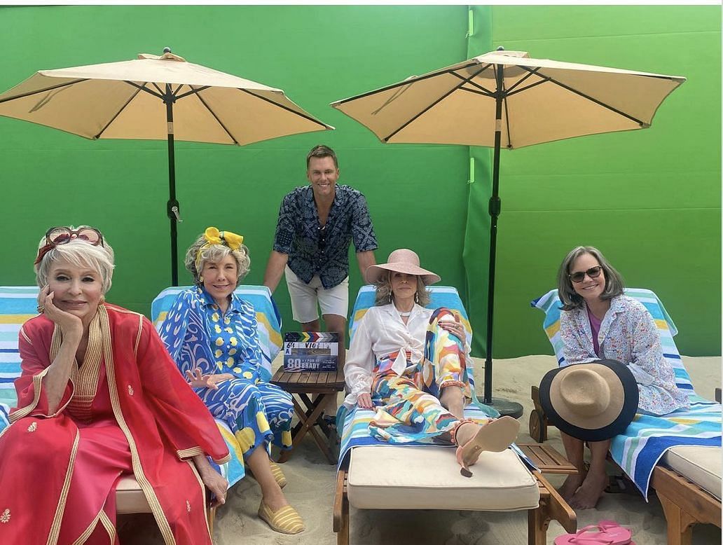 The QB on the set of the film &#039;80 for Brady&#039; with Rita Moreno, Sally Field, Jane Fonda, and Lily Tomlin. Source: Tom Brady&#039;s Instagram