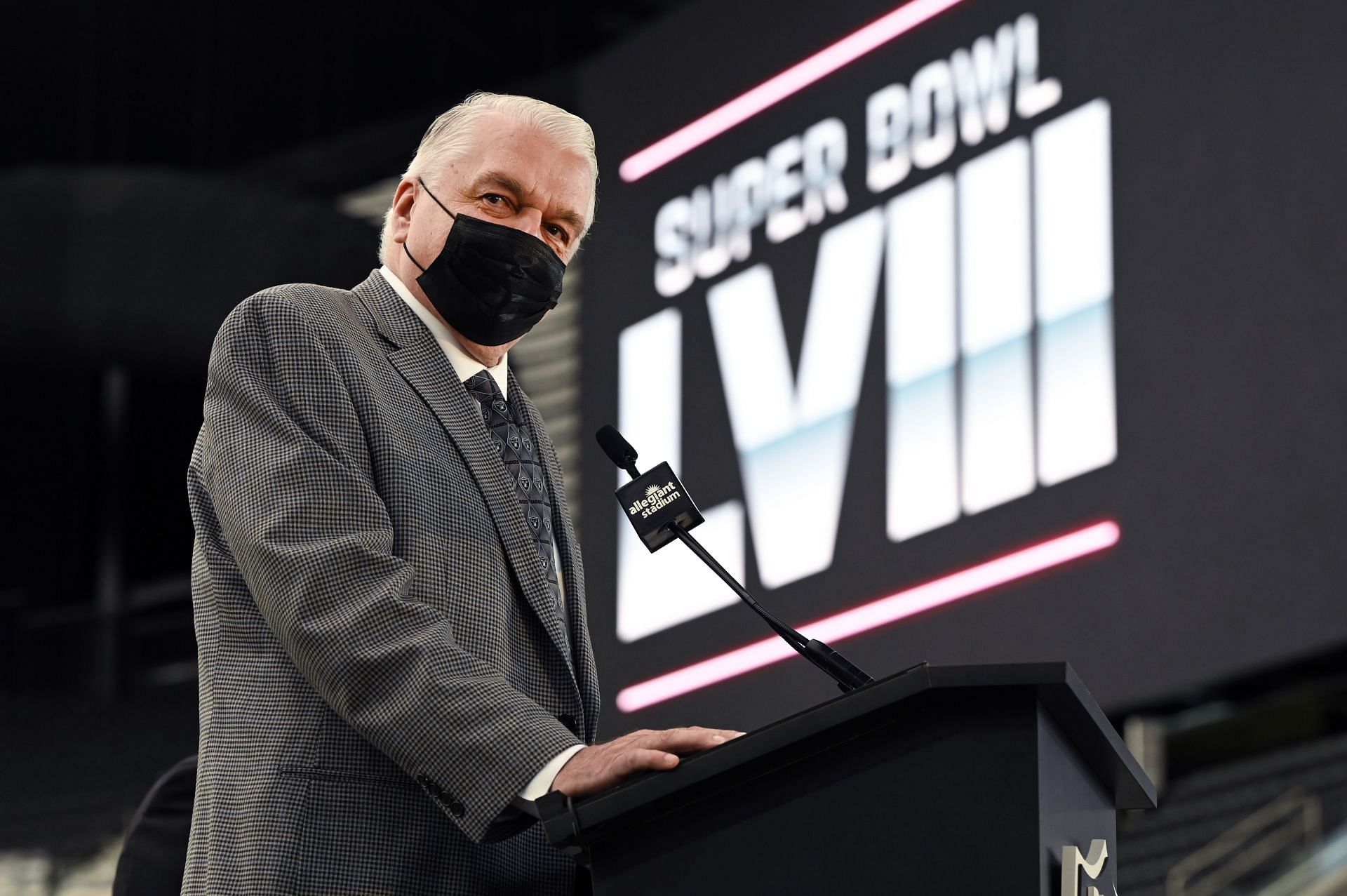 Las Vegas Raiders Announce Allegiant Stadium To Host Super Bowl LVIII - Steve Sisolak gives a speech.