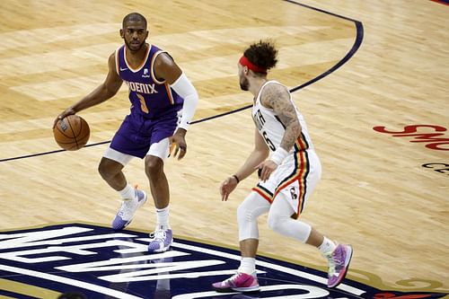 Phoenix Suns vs. New Orleans Pelicans — Game 6; Chris Paul handles the ball against Jose Alvarado.