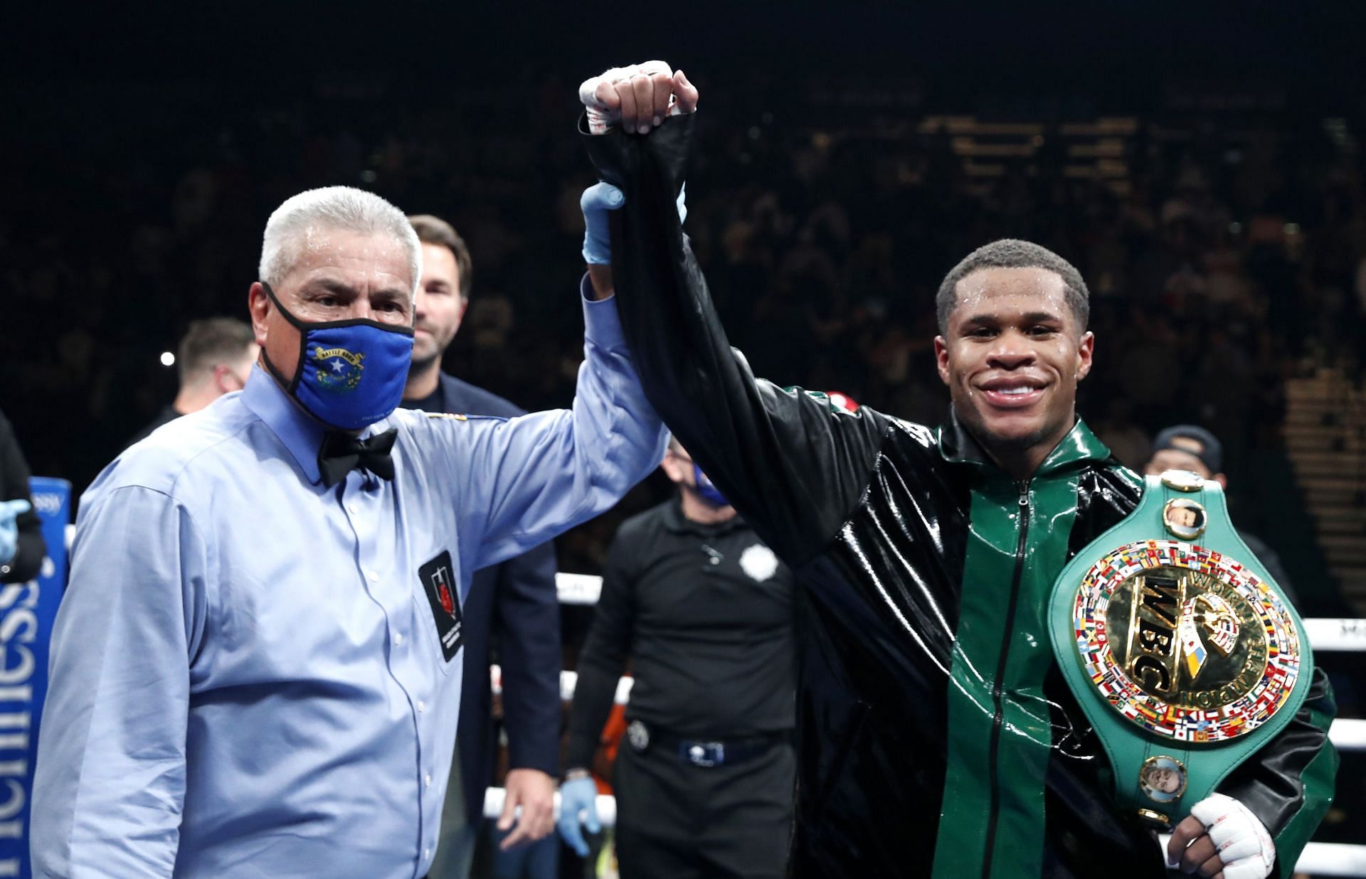Devin Haney with his belt after beating Joseph Diaz Jr.