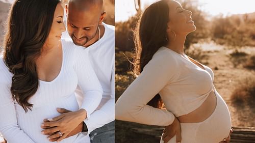 Aaron of New York Yankees poses with Cheyenne Woods for a maternity shoot. Aaron Hicks of New York Yankees holding his newborn.