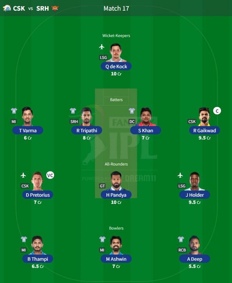 Best IPL Fantasy team for Match 17 - CSK vs SRH