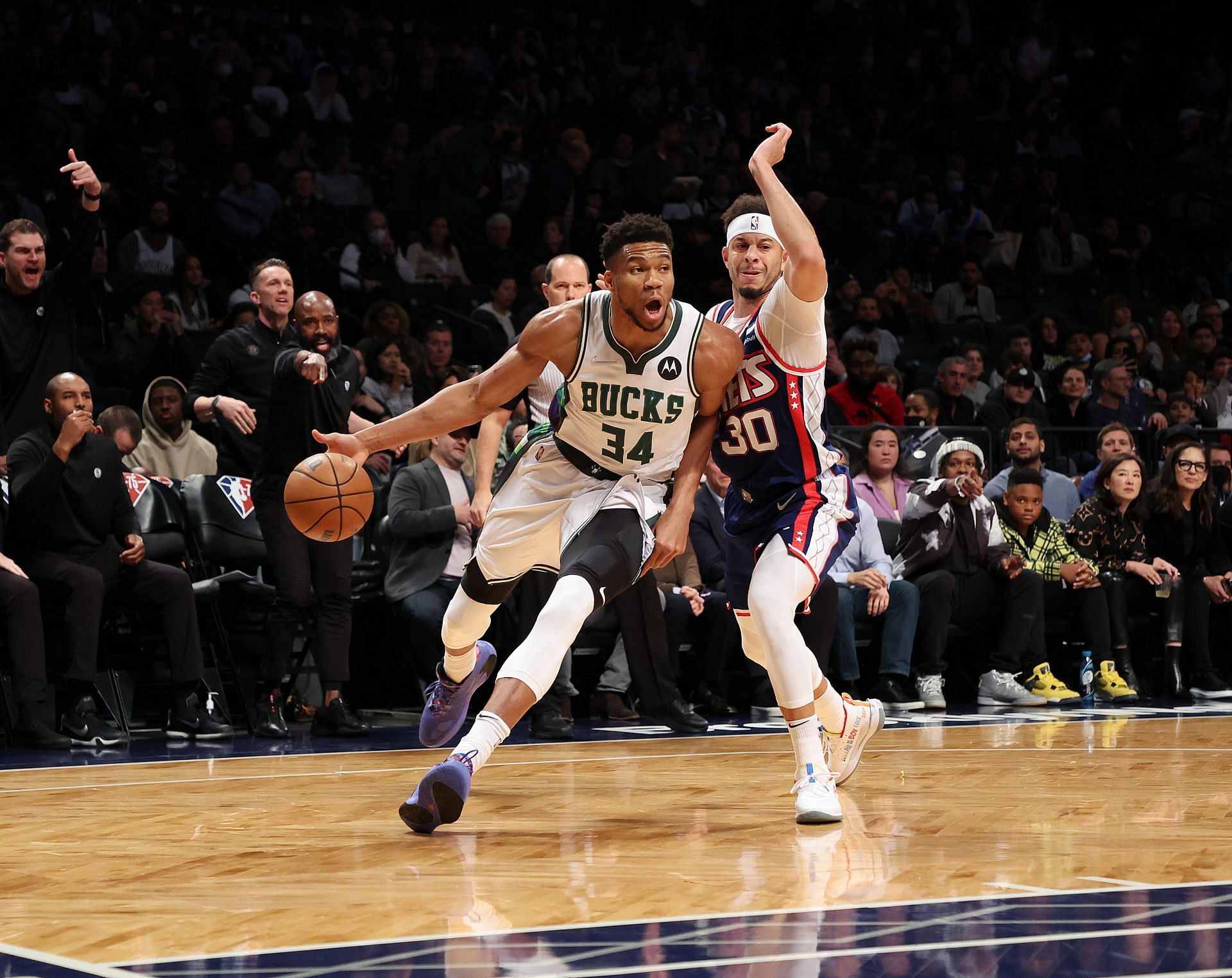 Giannis Antetokounmpo of the Milwaukee Bucks in action against the Brooklyn Nets during their game at Barclays Center on Thursday in New York City.