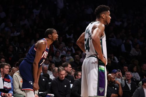 Giannis Antetokounmpo and Kevin Durant during a Milwaukee Bucks v Brooklyn Nets game earlier in the season