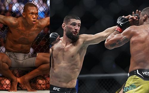 Israel Adesanya (left); Khamzat Chimaev and Gilbert Burns (right)