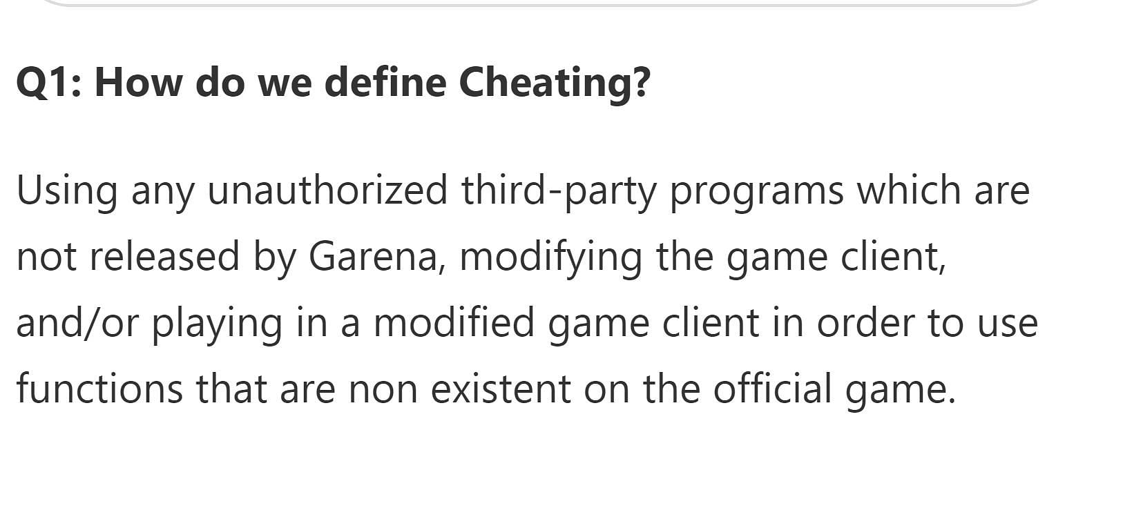 Here&#039;s how cheating is defined by the developers in the Anti-Hack FAQ (Image via Garena)