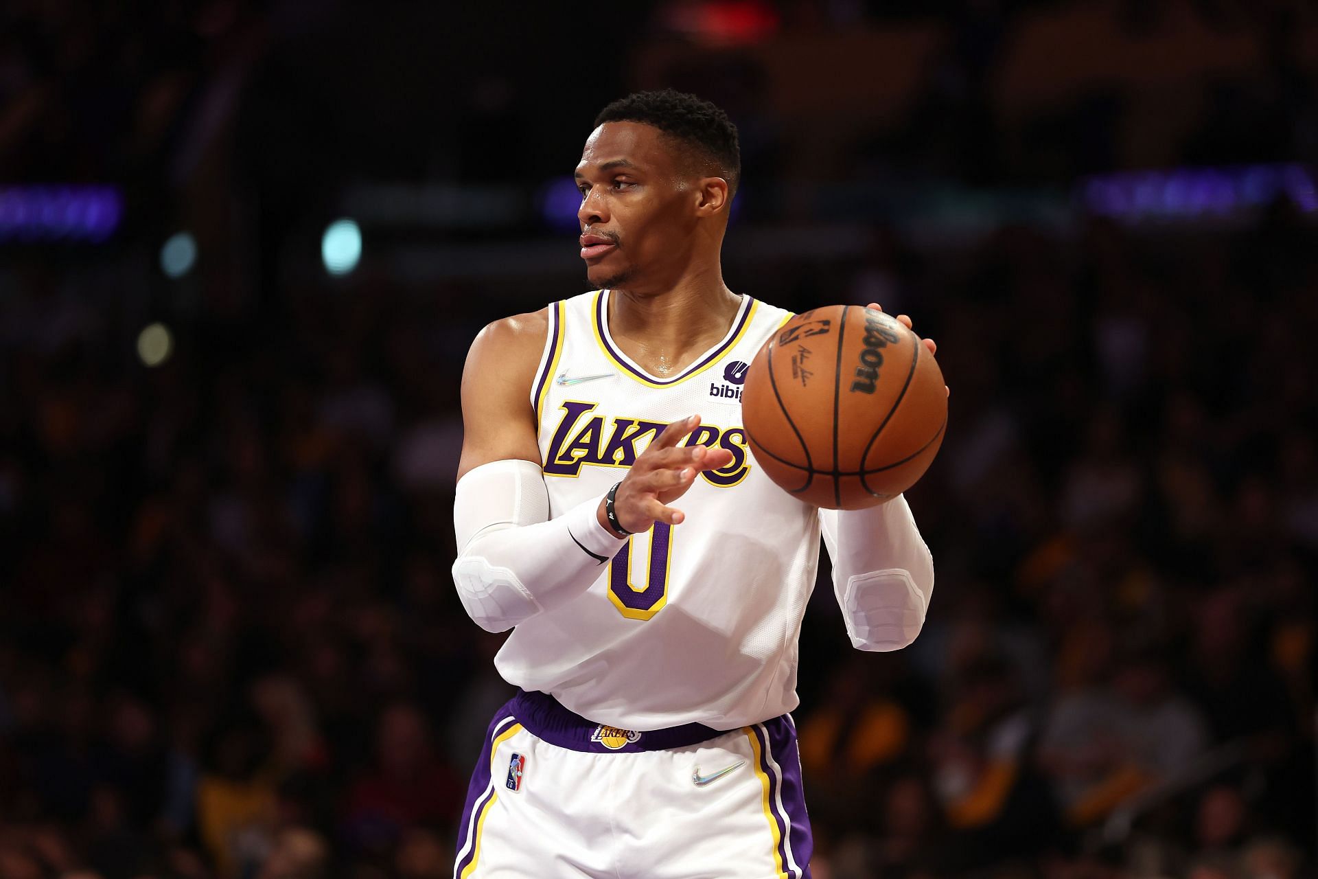 Russell Westbrook #0 of the Los Angeles Lakers looks on during the first half of a game against the Denver Nuggets at Crypto.com Arena on April 03, 2022 in Los Angeles, California.