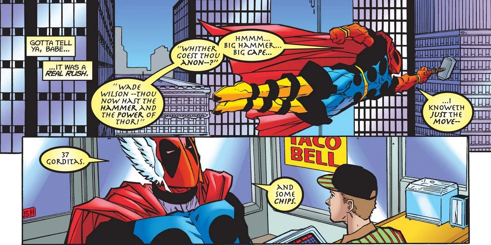 Deadpool Flying with Mjolnir (Image via Marvel Comics)