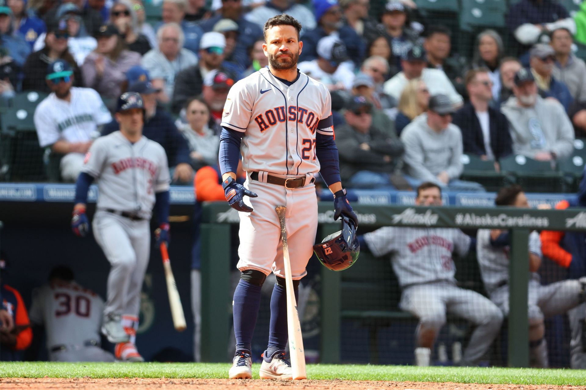 Jose Altuve # 27 of the Houston Astros bats against the Seattle Mariners