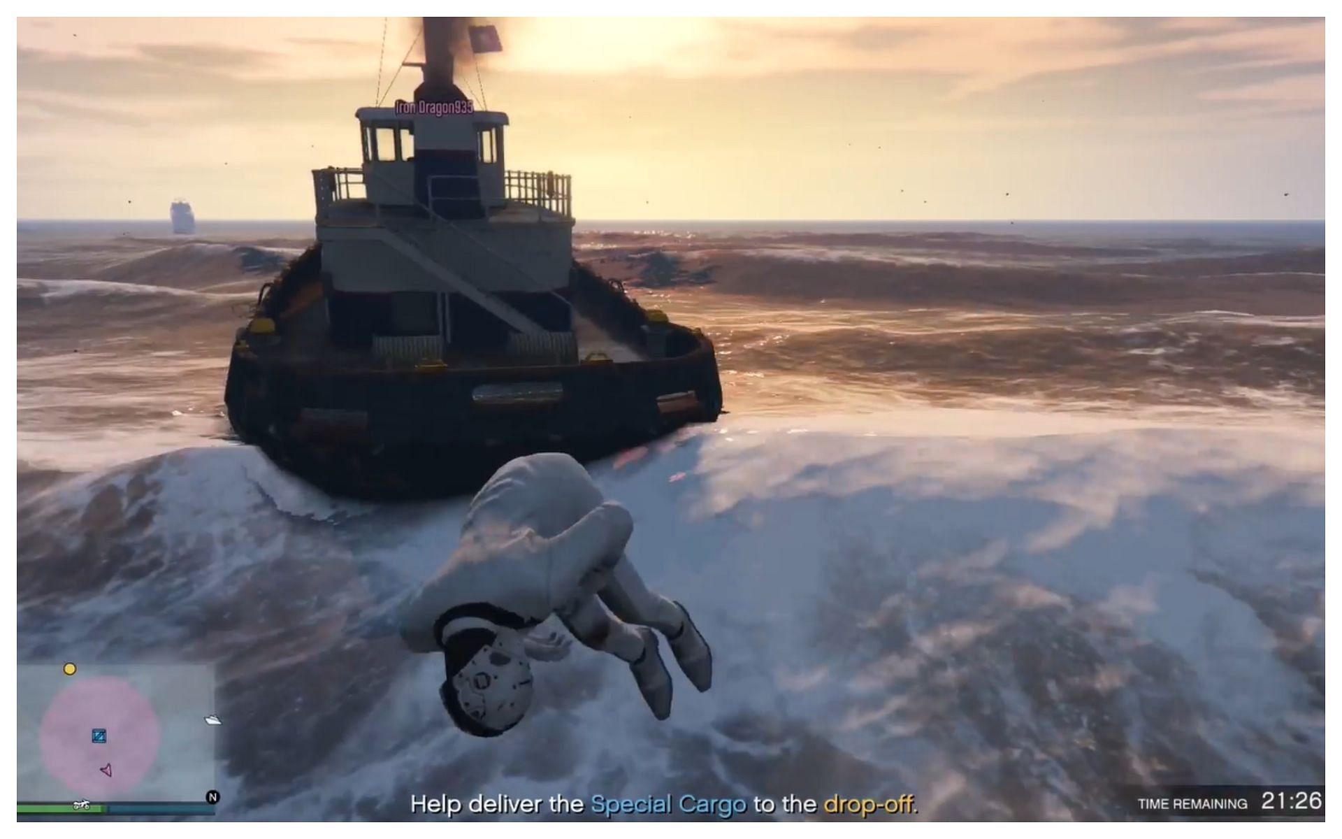 The tased GTA Online user gets dropped into the sea (Image via u/iamWATERMELON33/Reddit)